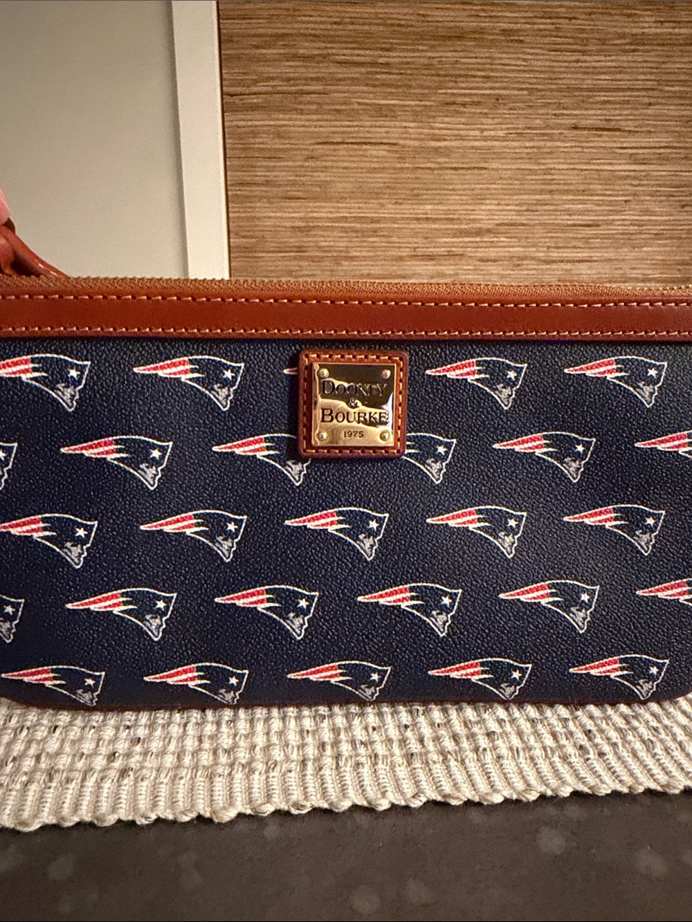Dooney & Bourke Navy Patriots Logo Zip Pouch with Brown Trim BNWOT